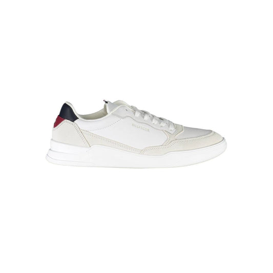 Tommy Hilfiger White Polyester Men Sneaker with contrasting details on a white background, sustainable and fashion-forward footwear.