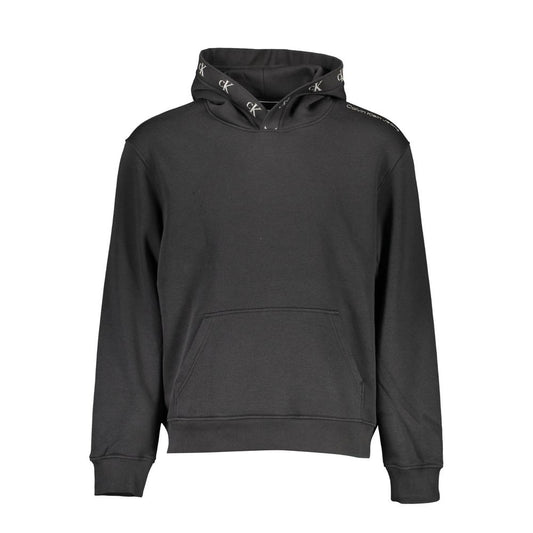 Calvin Klein Black Cotton Men Sweater with hood and central pocket, featuring iconic logo and stylish contrasting details for casual luxury.