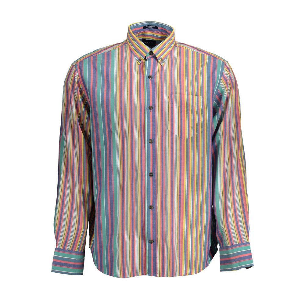 Gant Blue Cotton Men Shirt with colorful vertical stripes and button-down collar, perfect for adding style and comfort to any wardrobe.