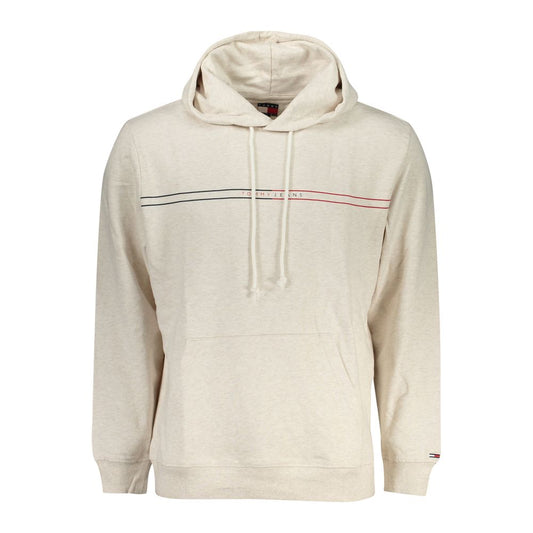 Tommy Hilfiger Beige Cotton Men Sweater with hood and central pocket, featuring a brushed finish and brand logo.