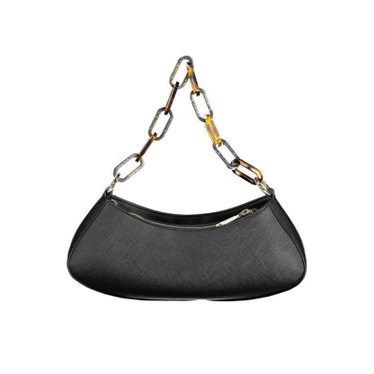 Mario Valentino Black Polyethylene Handbag with chain handle, adjustable strap, internal pocket, and zip closure, logo displayed.