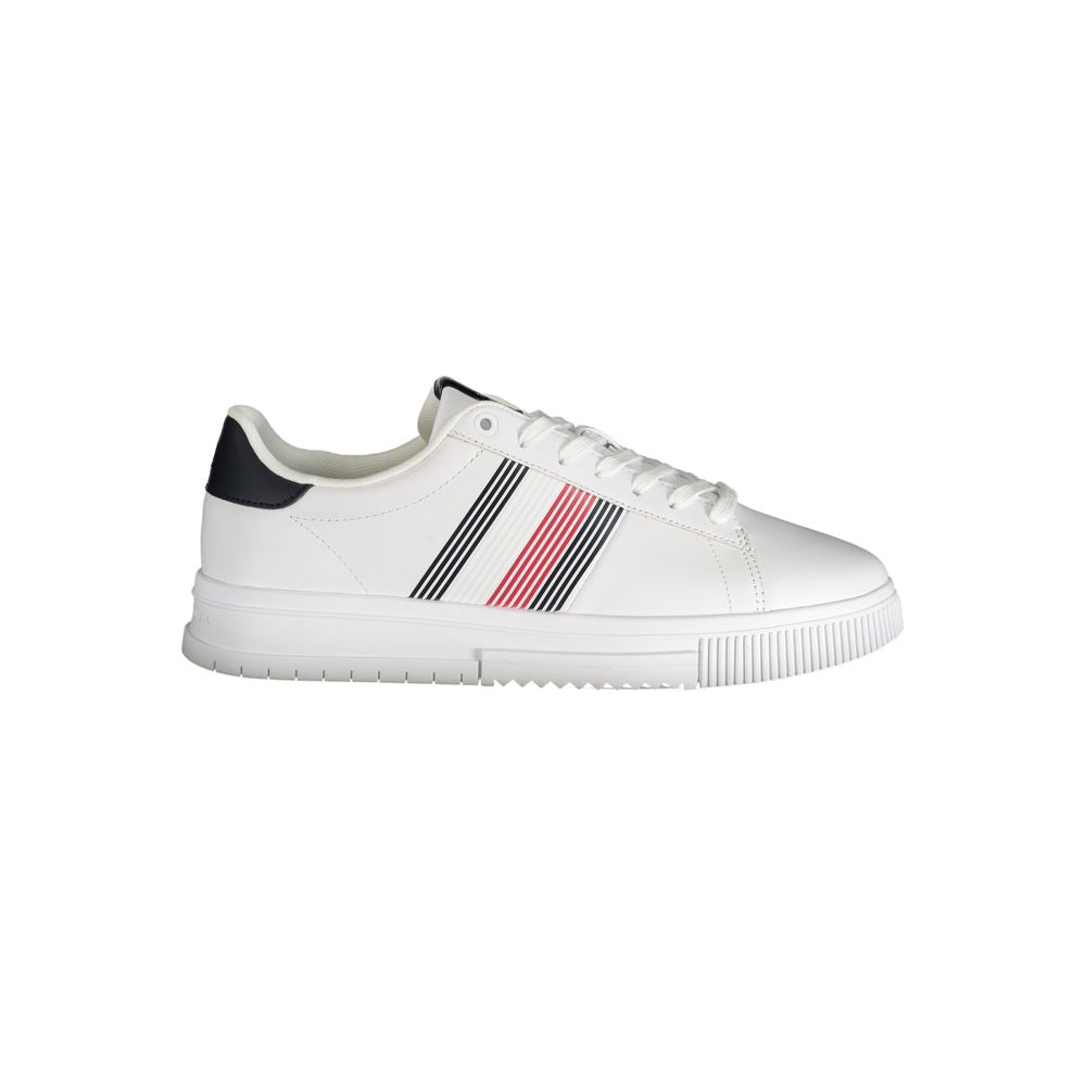 Tommy Hilfiger White Polyester Sneaker with laces, contrast details, and logo, ideal sports footwear.