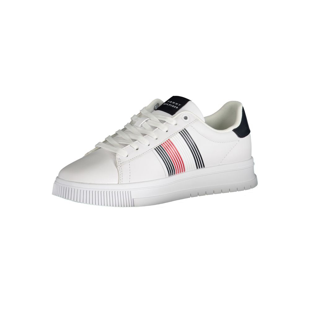 Alt Tag: Tommy Hilfiger White Polyester Sneaker with laces and contrast logo detailing, perfect for sports and casual wear.
