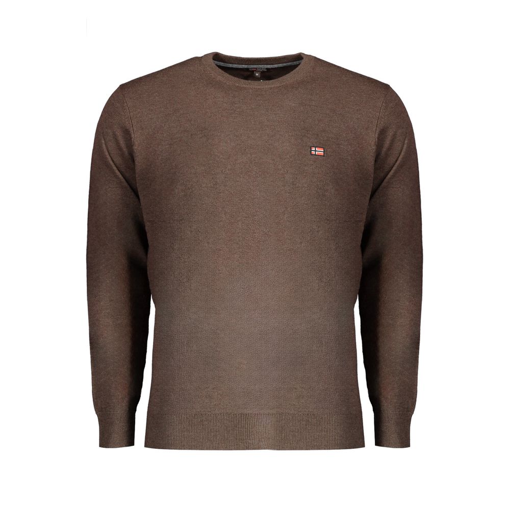 Norway 1963 Brown Wool Men Sweater with crew neck and subtle embroidery detail.