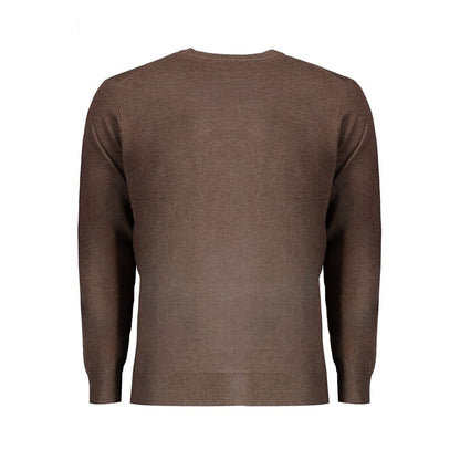 Back view of Norway 1963 Brown Wool Men Sweater with long sleeves and crew neck, showcasing timeless elegance and subtle embroidery.