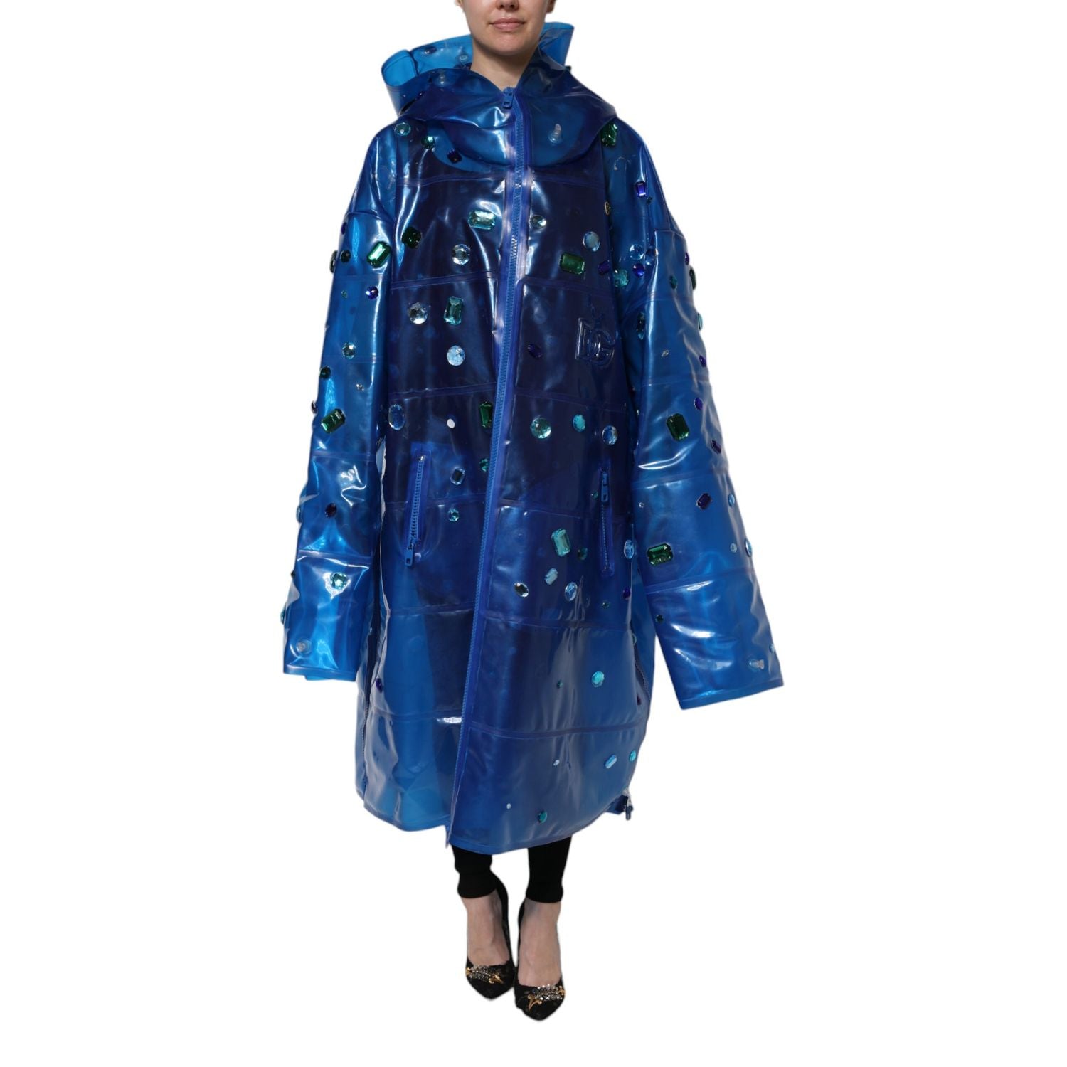 Dolce & Gabbana Blue Crystal Hooded Raincoat Jacket
