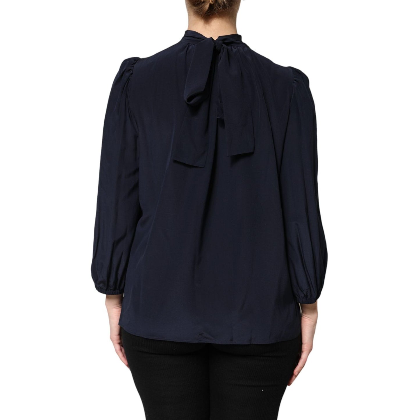 Dolce & Gabbana Blue Silk Mock Neck Long Sleeves Blouse Top