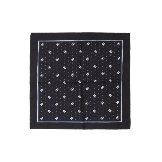 Dolce & Gabbana Black Silk Pocket Square with DG logo print, handmade silk twill, 32x32 cm, made in Italy.