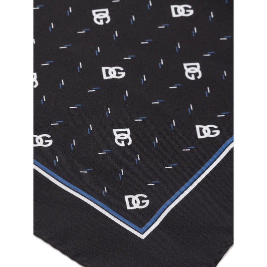 Elegant Dolce & Gabbana Black Silk Pocket Square with DG micro-design and logo print, handmade uniqueness, luxury fashion accessory.