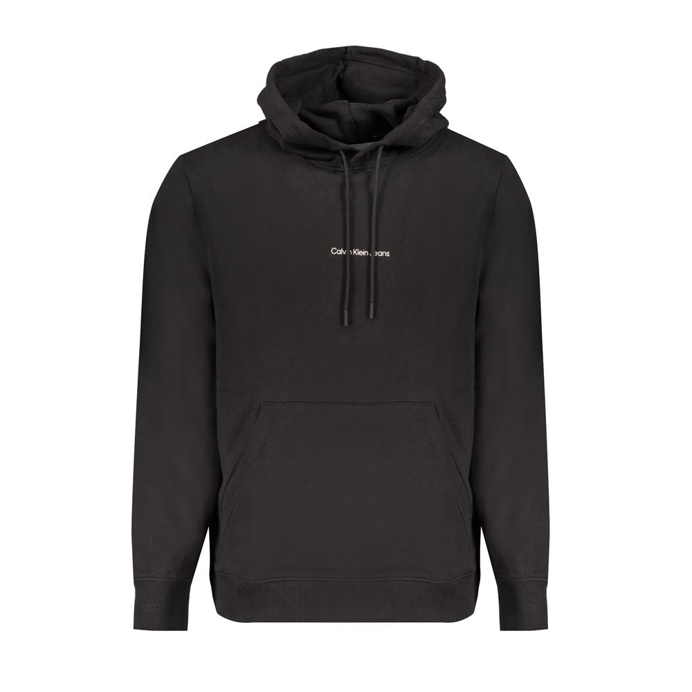 Calvin Klein Black Cotton Men Sweater with hood and logo, featuring brushed interior and central pocket for style and comfort.