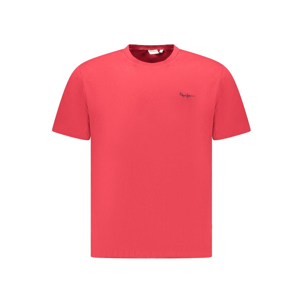 Pepe Jeans Red Cotton Men T-Shirt with logo embroidery, made from 100% sustainable cotton, showcasing a crew neck and vibrant red color.