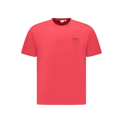 Pepe Jeans Red Cotton Men T-Shirt with logo embroidery, made from 100% sustainable cotton, showcasing a crew neck and vibrant red color.