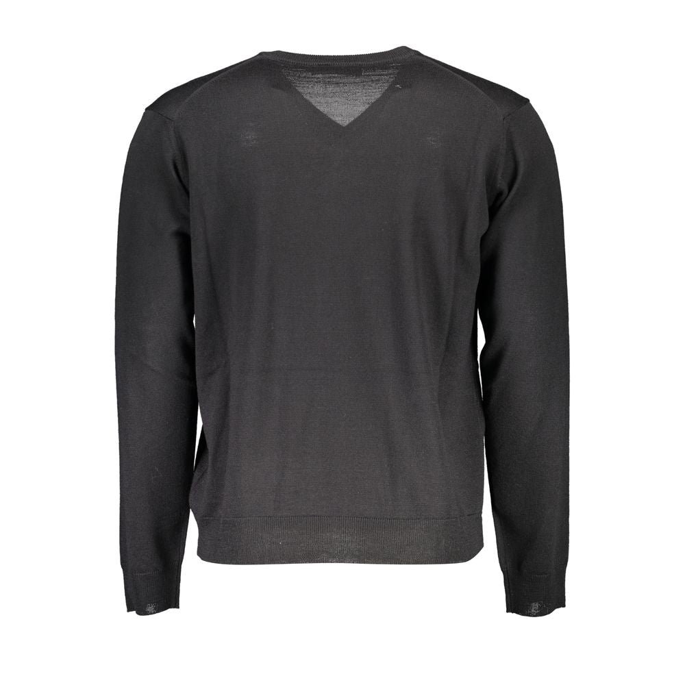 Romeo Gigli Black Wool Men Sweater, back view showcasing V-neck and long sleeves in sleek black, crafted for unmatched comfort and style.