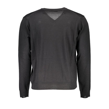 Romeo Gigli Black Wool Men Sweater, back view showcasing V-neck and long sleeves in sleek black, crafted for unmatched comfort and style.