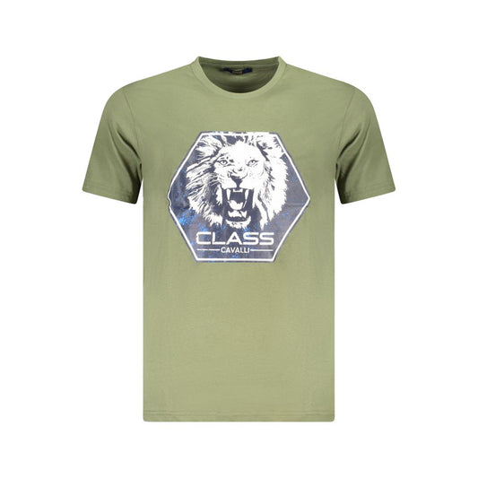 Cavalli Class Green Cotton Men T-Shirt with lion print and logo, short-sleeve crew neck, contemporary style.