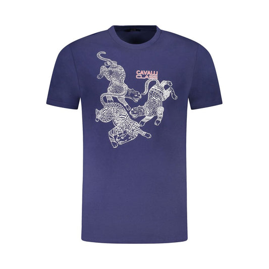 Cavalli Class Blue Cotton Men T-Shirt with bold print and logo, short-sleeve high-end style for fashionable comfort.