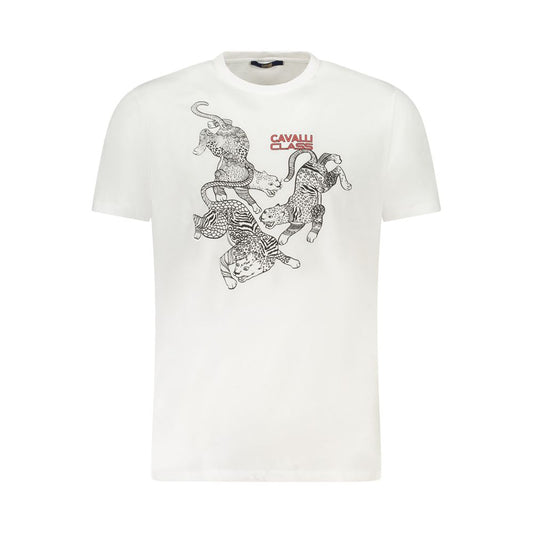 Cavalli Class White Cotton Men T-Shirt with bold graphic print and logo, crew neck, short sleeves, tailored for style and comfort.