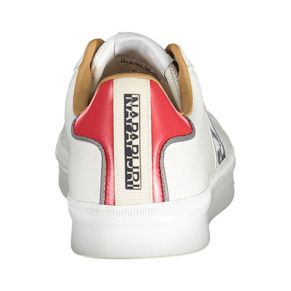 Back view of Napapijri White Polyester Men Sneaker featuring iconic logo, red contrast detail, and white design.