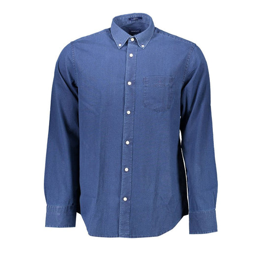 Gant Blue Cotton Men Shirt featuring button-down collar and chest pocket, perfect for office or casual wear with signature logo.