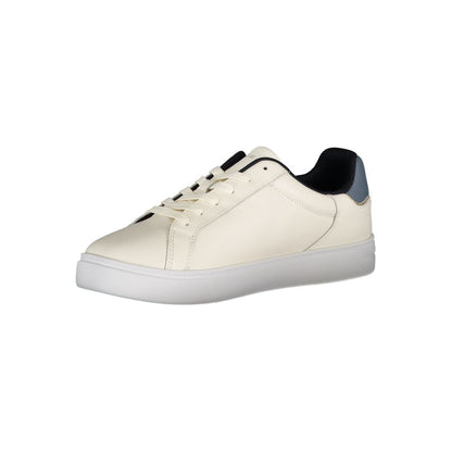 Tommy Hilfiger Beige Leather Women Sneaker with blue accents, showcasing chic style and comfort.