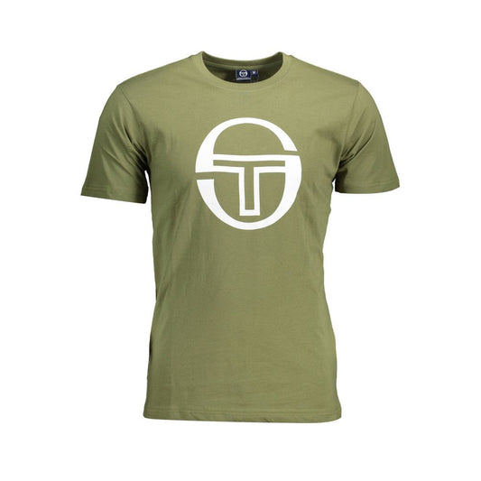 Sergio Tacchini Green Cotton Men T-Shirt with bold print and logo, short-sleeve crew neck, premium cotton for a stylish casual look.