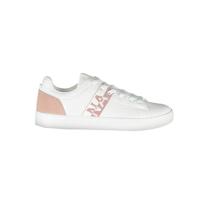 Napapijri White Leather Women Sneaker with contrasting pink details on white backdrop, featuring iconic Napapijri logo.