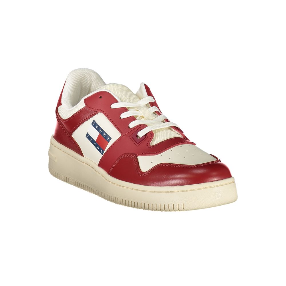 Tommy Hilfiger Red Leather Women Sneaker with bold red design, contrasting accents, and removable footbed for comfort.