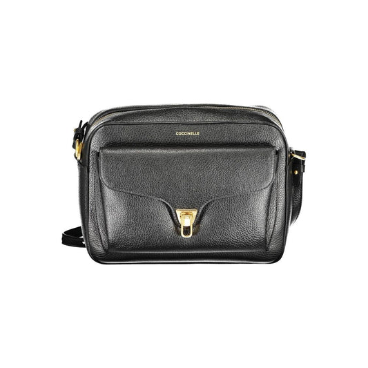 Coccinelle Black Leather Women Handbag with adjustable strap and external pockets for stylish organization.