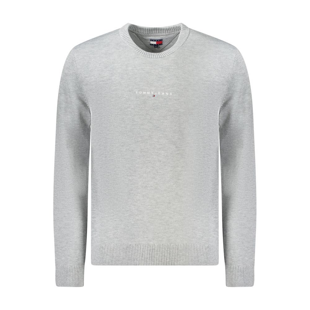 Gray crew neck sweater with Tommy Jeans logo, crew neck, ribbed cuffs, and hem