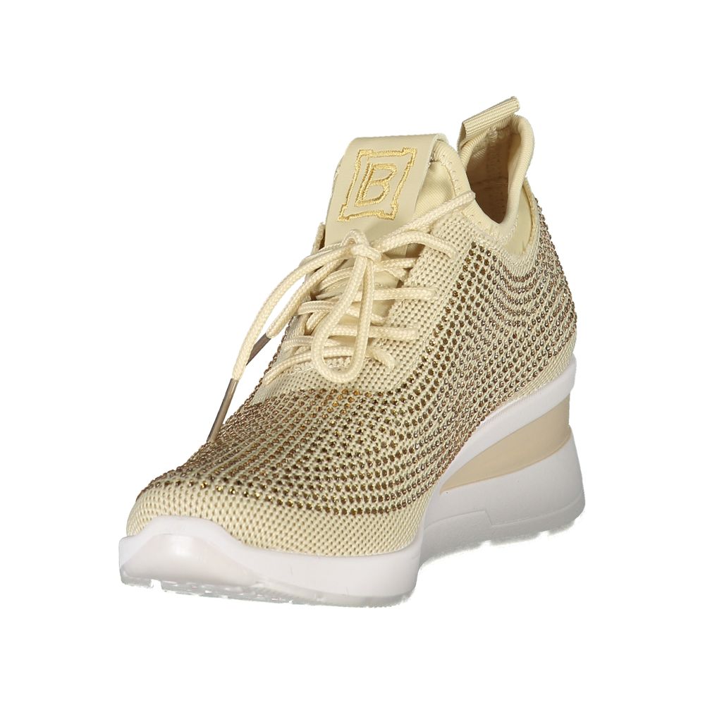 Laura Biagiotti Beige Polyester Women Sneaker with rhinestones, contrasting details, and 4 cm heel for fashion-forward style.