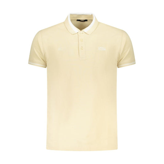 Cavalli Class Beige Cotton Men Polo Shirt featuring short sleeves, three-button placket, and elegant contrasting details for a luxurious look.