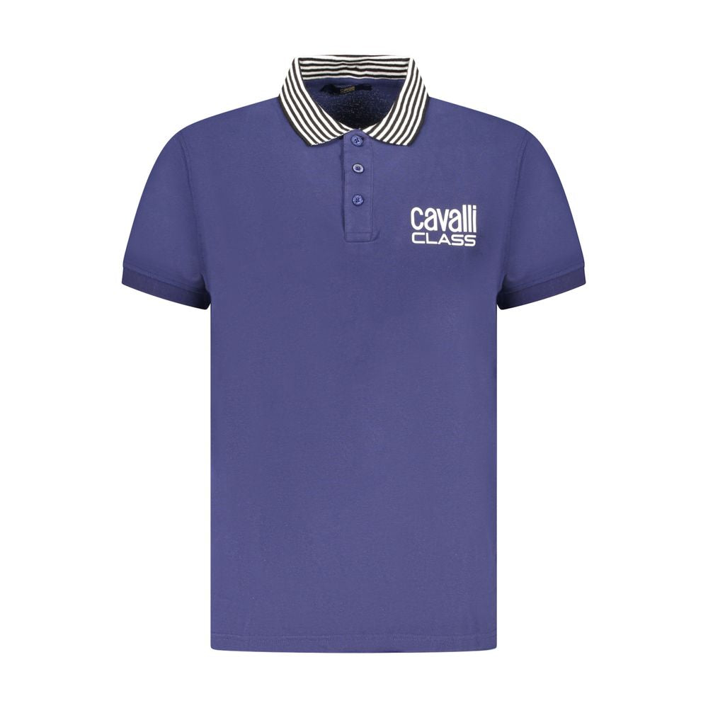 Cavalli Class Blue Cotton Men Polo Shirt with striped collar and iconic logo, crafted for elegant style and comfort.