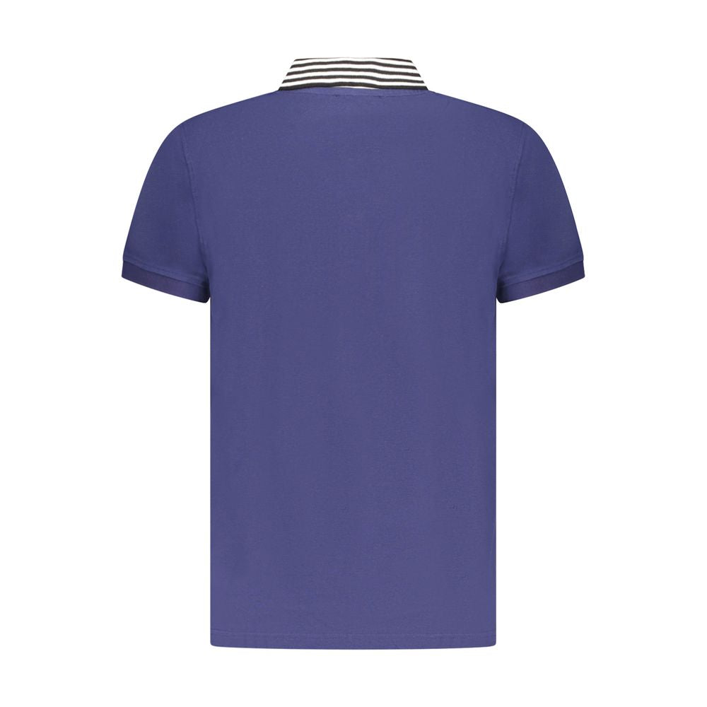 Back view of Cavalli Class Blue Cotton Men Polo Shirt with striped collar.