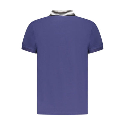 Back view of Cavalli Class Blue Cotton Men Polo Shirt with striped collar.