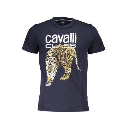 Cavalli Class Blue Cotton Men T-Shirt with bold print and signature logo, showcasing luxurious Italian design, crew neck and short sleeves.