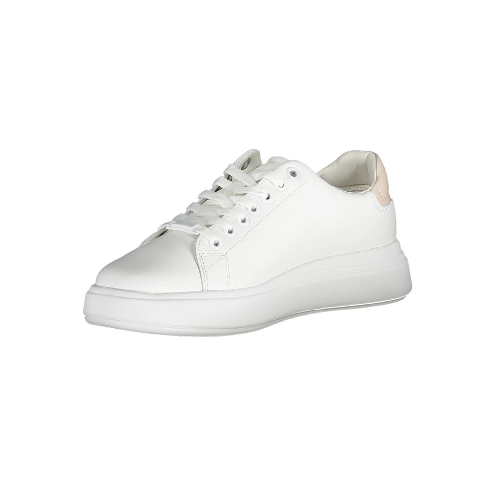 Calvin Klein White Leather Women Sneaker with contrasting details and iconic logo, crafted from polyester and leather for urban chic style