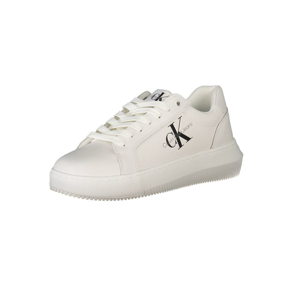 Calvin Klein White Polyester Women Sneaker with logo print and contrasting details, featuring sustainable 50% recycled polyester design.