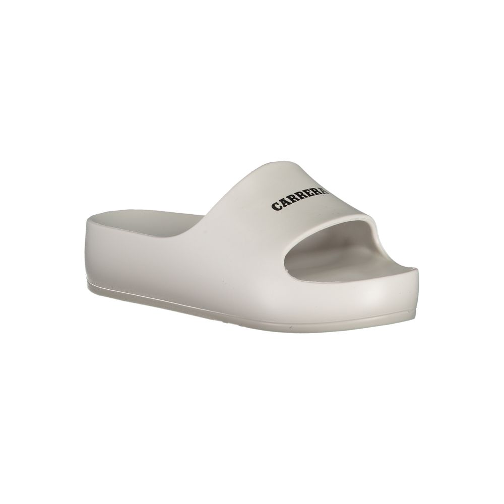 Alt Tag: Carrera White Polyethylene Sandal with 5 cm platform and logo, stylish slippers for modern comfort and fashion.