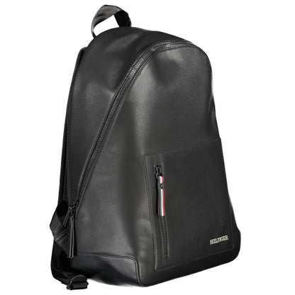 Tommy Hilfiger Black Polyester Backpack with adjustable straps, external pocket, and recycled polyester material.
