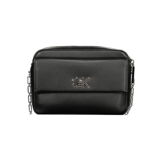 Calvin Klein Black Polyester Women Handbag with logo, external pocket, zip closure, and chain strap for chic eco-conscious fashion.