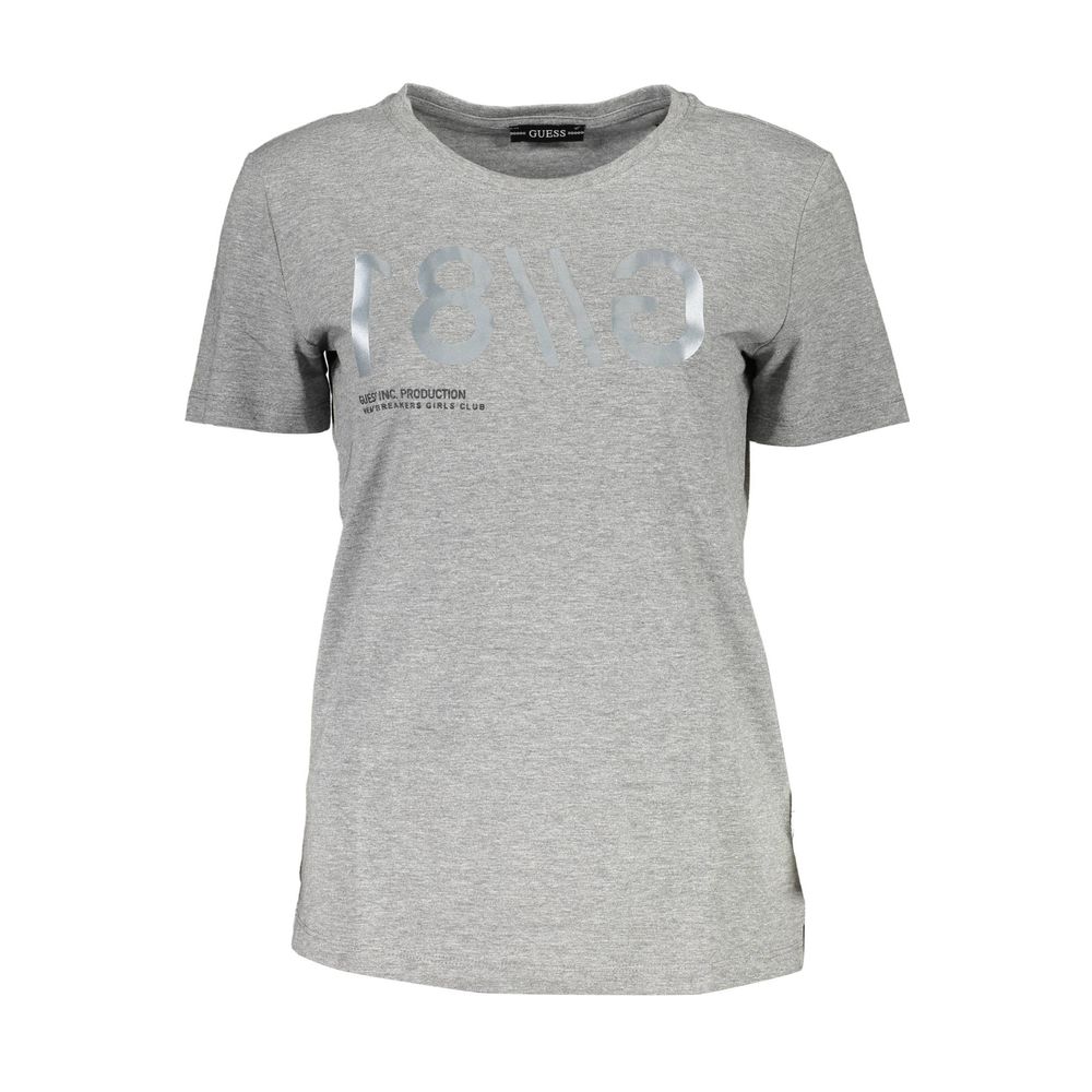 Guess Jeans Gray Cotton Women T-Shirt with wide neck and standout print, featuring casual chic style and iconic Guess logo.