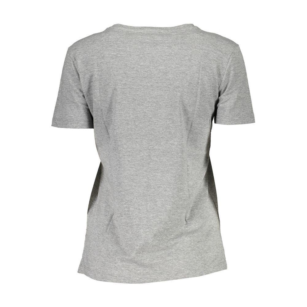 Back view of Guess Jeans Gray Cotton Women T-Shirt with short sleeves and wide neck design, showcasing its casual chic appeal.