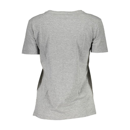 Back view of Guess Jeans Gray Cotton Women T-Shirt with short sleeves and wide neck design, showcasing its casual chic appeal.