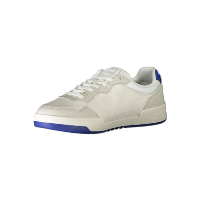 Tommy Hilfiger White Leather Men Sneaker with royal blue accents and logo detail, perfect for comfort and style.