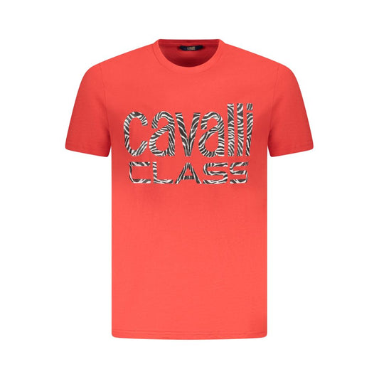 Cavalli Class Red Cotton Men T-Shirt featuring iconic logo, crew neck, and short sleeves, perfect for a stylish and comfortable look.