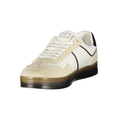 Tommy Hilfiger White Leather Men Sneaker with black accents and removable footbeds, featuring iconic logo, modern and stylish design.