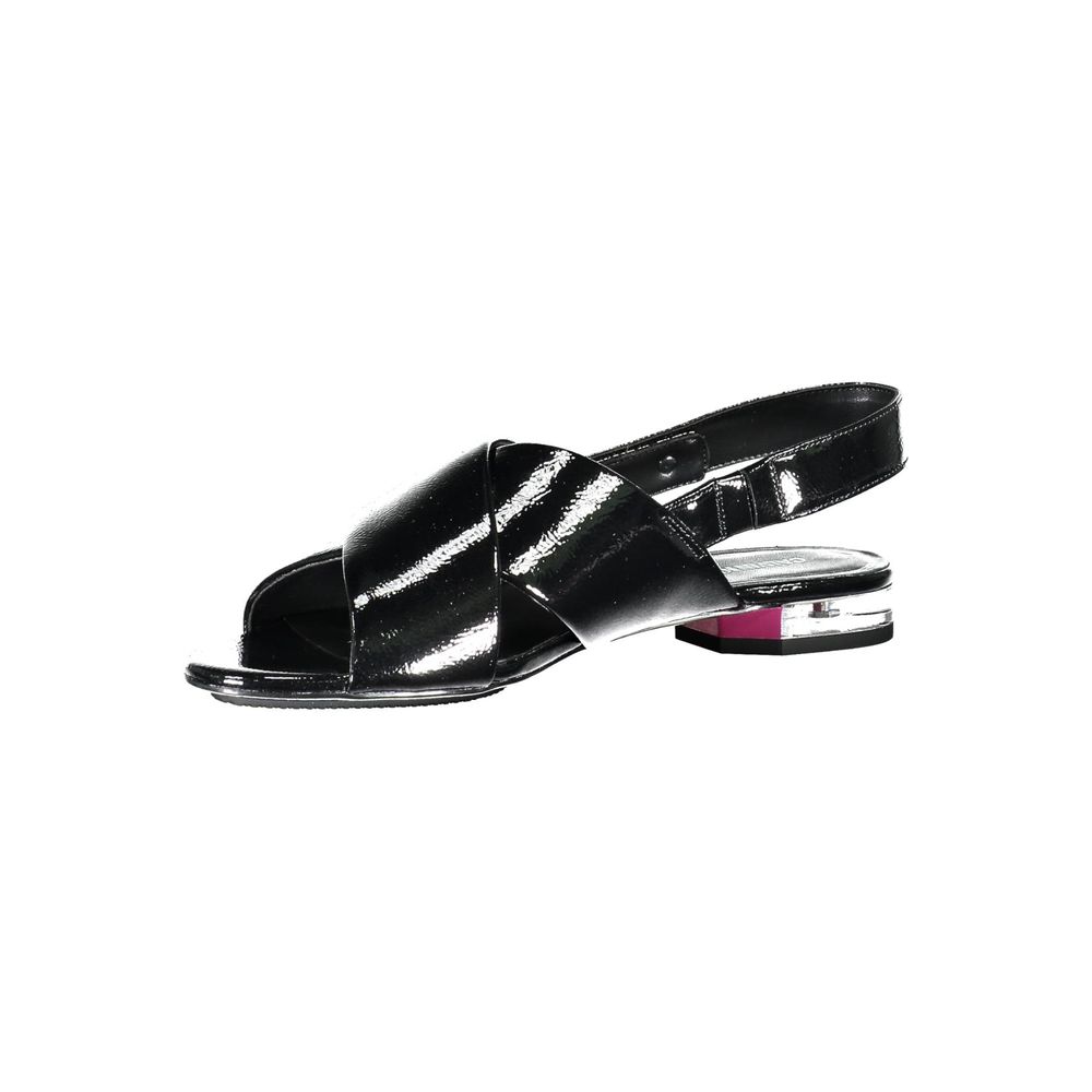 Calvin Klein Black Leather Women Sandal with crossed front and iconic logo, featuring a 1cm heel for minimalist chic style.