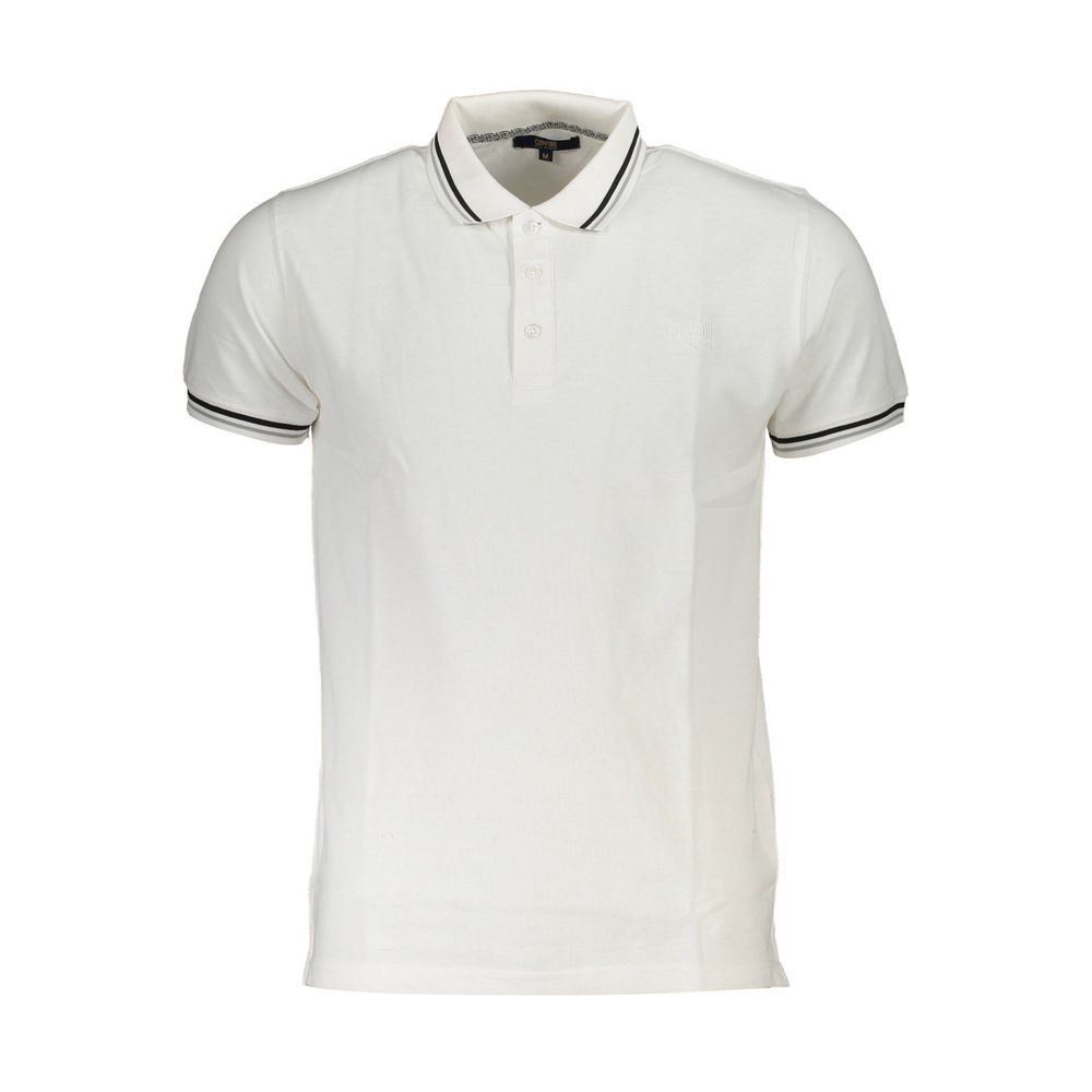 Cavalli Class White Cotton Men Polo Shirt with short sleeves and contrasting details, perfect for a sophisticated and stylish look.