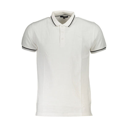 Cavalli Class White Cotton Men Polo Shirt with short sleeves and contrasting details, perfect for a sophisticated and stylish look.