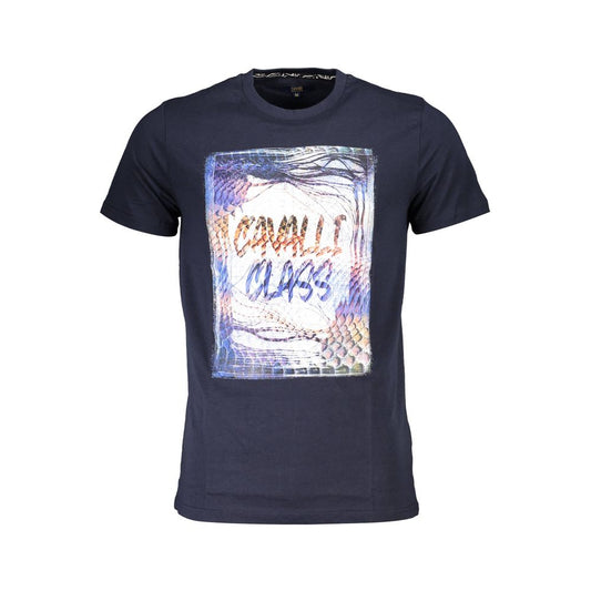 Cavalli Class Blue Cotton Men T-Shirt with eye-catching print and logo detailing, short sleeve, perfect for modern fashion enthusiasts.